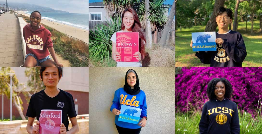 a collage of images of students wearing various university shirts